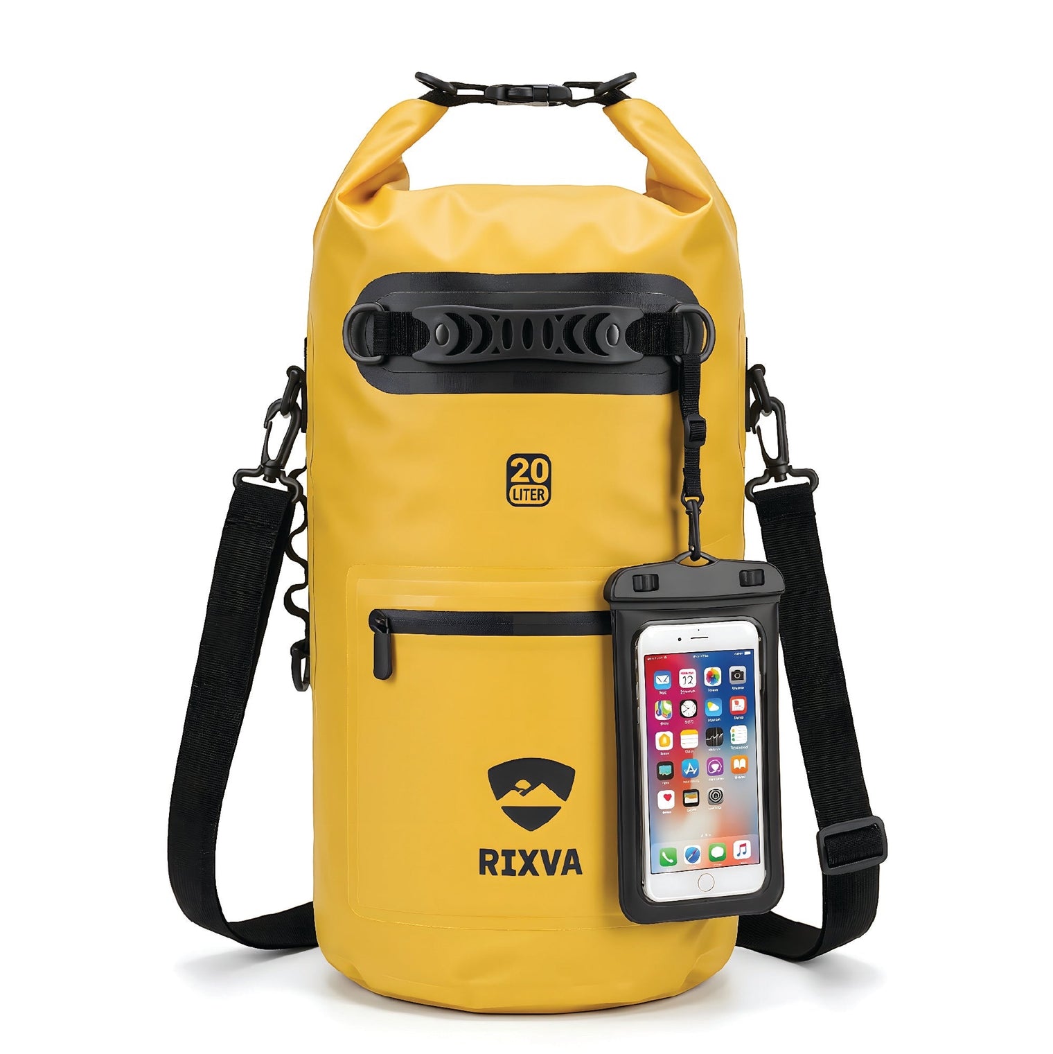 RIXVA 20L yellow waterproof dry bag with roll-top closure, carry handle, exterior pocket, and phone pouch.