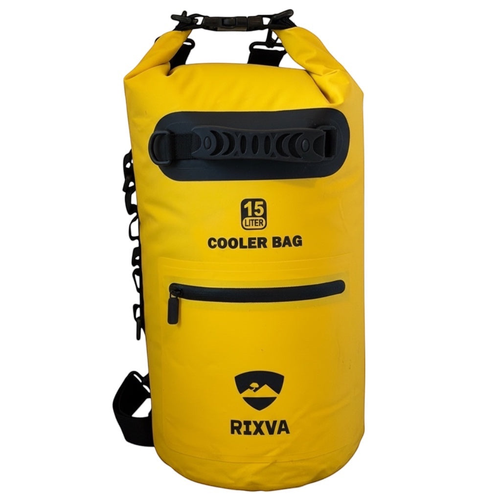 RIXVA 15L yellow waterproof insulated cooler bag with roll-top closure, shoulder strap, and front zipper pocket.
