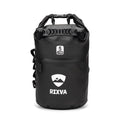 RIXVA 5L black waterproof dry bag with roll-top closure, exterior pocket, and MOLLE system for outdoor gear protection.