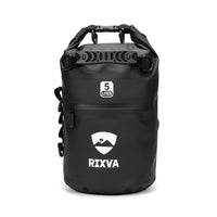 RIXVA 5L black waterproof dry bag with roll-top closure, exterior pocket, and MOLLE system for outdoor gear protection.