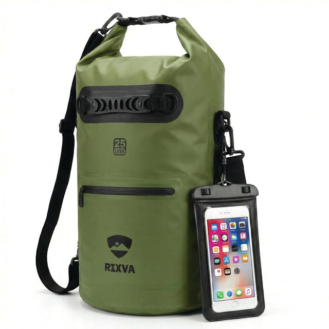 RIXVA 25L olive green waterproof dry bag with roll-top closure, carry handle, and attached waterproof phone pouch.