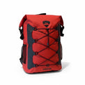 RIXVA 35L red waterproof PVC backpack with roll-top closure and black front elastic bungee storage system.