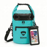 RIXVA 5L waterproof dry bag in teal with roll-top closure, handle, exterior pocket, and phone pouch.