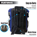 RIXVA 35L waterproof backpack in blue and black PVC with adjustable shoulder straps, waist strap, and carry handle.