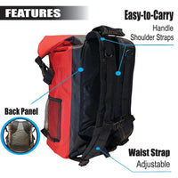 RIXVA 35L waterproof backpack in red and black with adjustable shoulder straps, waist belt, and padded back panel.