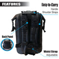 RIXVA 35L waterproof backpack back view showing adjustable shoulder straps, waist strap, and padded back panel.