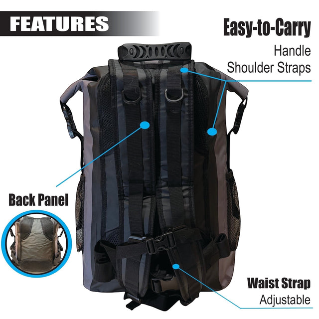 RIXVA 35L waterproof backpack back view showing adjustable shoulder straps, padded back panel, and waist strap.