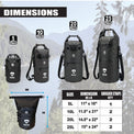 RIXVA waterproof dry bags in 5L, 10L, 20L, and 25L sizes with roll-top closure, exterior pockets, and shoulder straps.