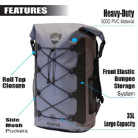 RIXVA 35L waterproof PVC backpack in grey with roll-top closure, front bungee storage system, and side mesh pockets.