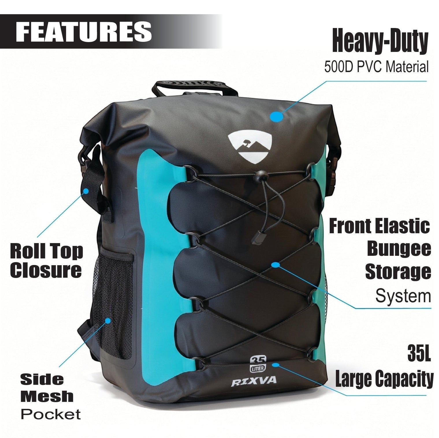 RIXVA 35L waterproof PVC backpack in black and teal with roll-top closure and front elastic bungee storage system.