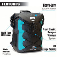 RIXVA 35L waterproof PVC backpack in black and teal with roll-top closure and front elastic bungee storage system.