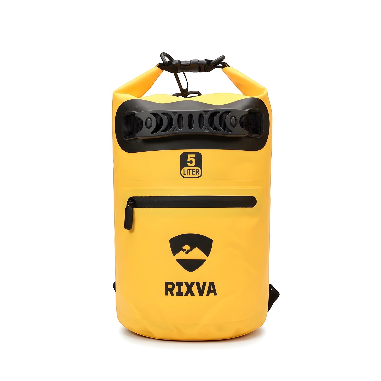 RIXVA 5L waterproof dry bag in bright yellow 500D PVC with a roll-top closure, carry handle, and front zip pocket.